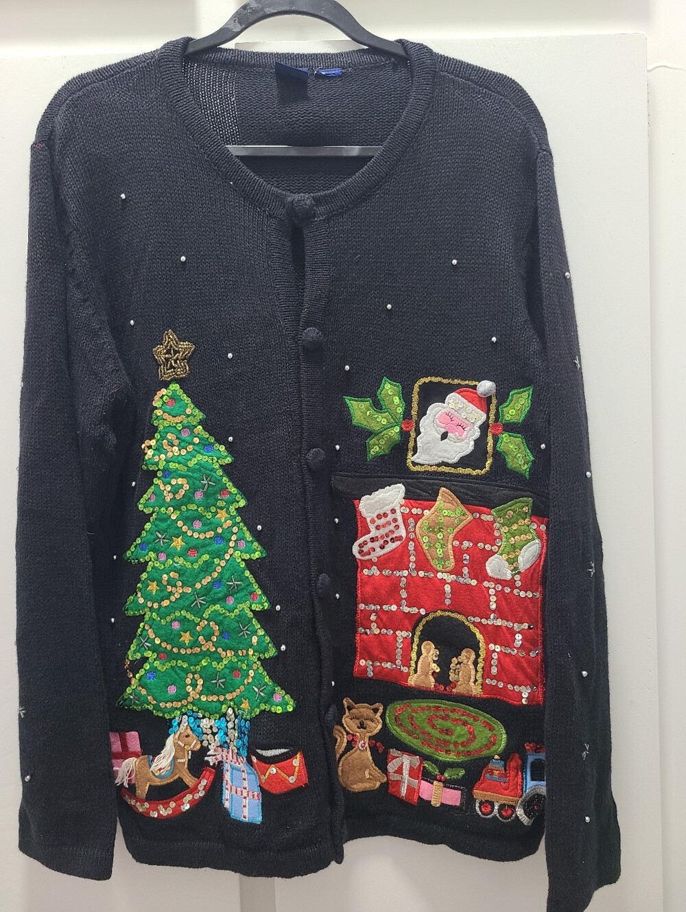 Vintage 90s Basic Editions Ugly Christmas Cardigan Black Cat Fireplace- XL
